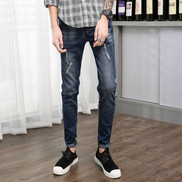 

strech mens jeans brand scratched denim pants full length streetwear, Blue
