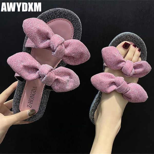 

новые женские тапочки 2020 лето с открытым носком женская обувь мода лук bling плоские сандалии дамы открытый случайные пляжные горки женски, Black