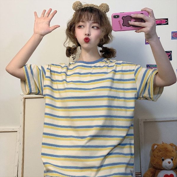 

6535 cotton striped short-sleeved t-shirt female 2020 costume ancient costume loose versatile student ancient ins fashionable top, White