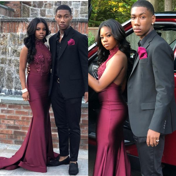 

grape long high neck mermaid prom dresses 2019 crystal appliqued lace backless evening gowns see through african pageant dress