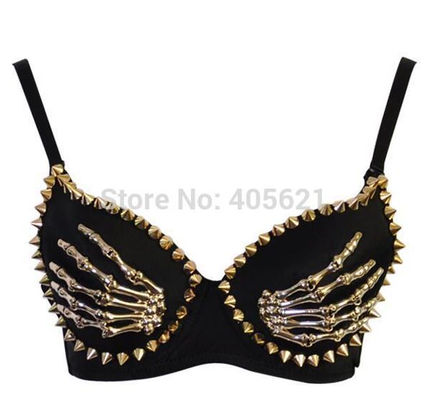 

punk jazz skeleton hands rivets acrylic rhinestones bra underwear pole belly dancing party dancer ds costumes stage wear, Black;red