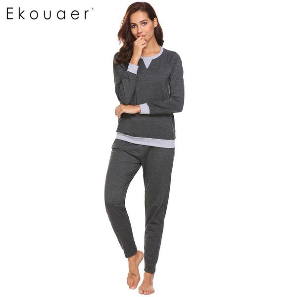 

ekouaer women sleepwear pajama sets o-neck contrast color long sleeve t-shirts with long pant pajamas set homewear suit, Blue;gray