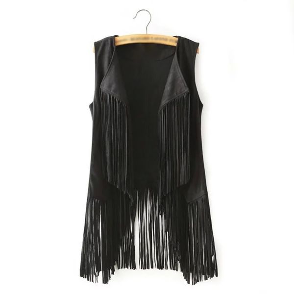 

2019 vest women autumn and winter vintage suede tassel cardigan mid-length fringed coat chalecos para mujer vest women jacket, Black;white