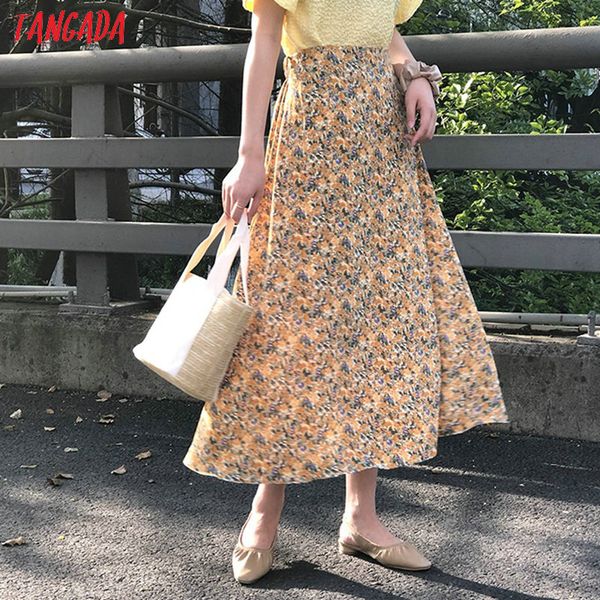 

tangada women floral print a-line midi skirt vintage strethy waist office ladies elegant chic mid calf skirts asf72, Black