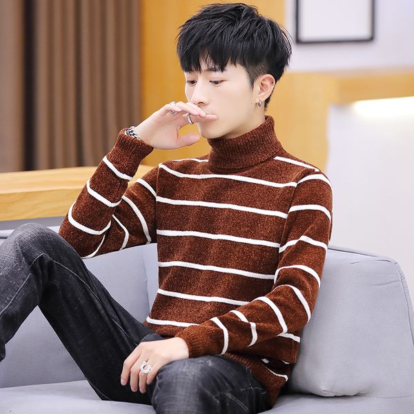 

winter thick warm striped sweater men turtleneck brand mens sweaters slim fit pullover men knitwear male double collar, White;black