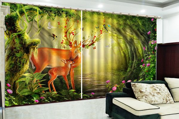 

wholesale curtain sika deer mother and child in the dreamy forest 3d animal curtains interior decoration shading durable curtains