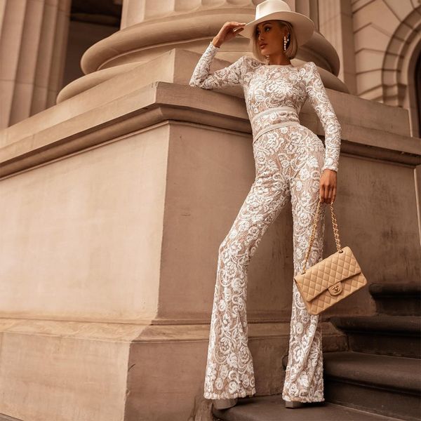 

2019 spring fashion rompers women jumpsuit lace ladies bandage overalls elegant long sleeve skinny clothes, Black;white