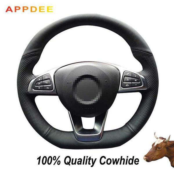 

hand-stitched black genuine leather steering wheel cover for c200 c250 c300 b250 b260 a200 a250 sport cla220