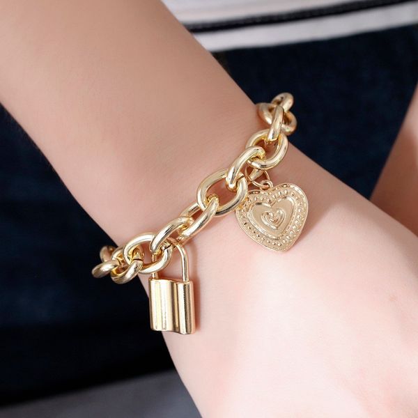 

punk lover lock pendant bracelets bangles fashion alloy carved love heart thick chain bracelet couple designer jewelry, Golden;silver