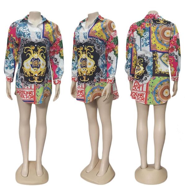 

dresses summer digital printed lapel neck dress casual long sleeve loose dresses womens designer shirt, Black;gray