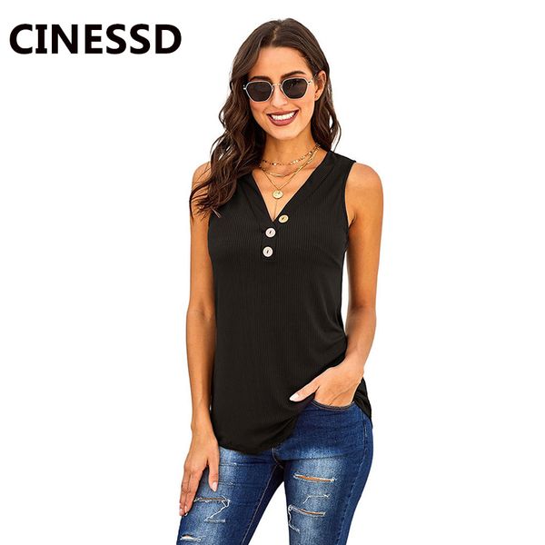 

women's tanks & camis cinessd v neck sleeveless tshirt women solid tank summer black pullover tunic vest blue slim button elastic, White
