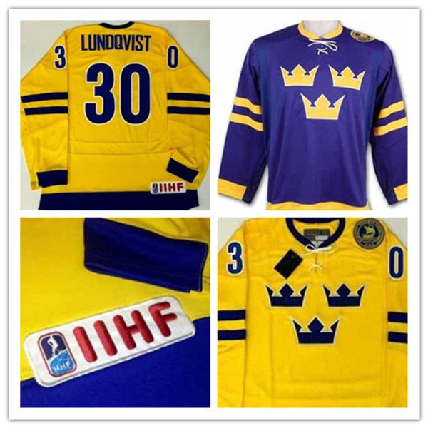 

Custom 2010 Swift Replica Gold Sweden Ice Hockey Jersey Team #30 Henrik Lundqvist Jersey NEW YORK RANGERS Yellow Blue Stithed embroidered
