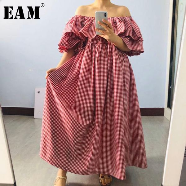 

eam] women ruffles plaid split big size dress new slash neck half sleeve loose fit fashion tide spring summer 2020 1t202, Black;gray