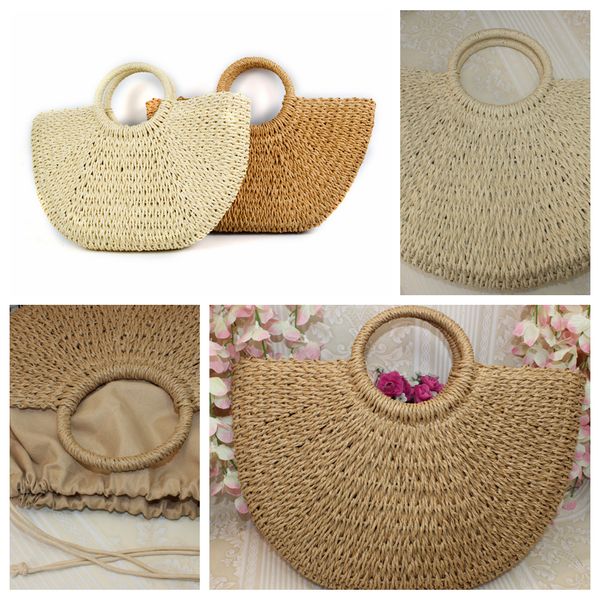 

Round moon haped traw tote bag hand woven beach travel party bag large bucket ummer bag women natural handbag ffa1906