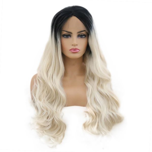 

rongduoyi ombre 613 wigs long wave synthetic lace front wig for women heat resistant natural hairline middle part woman hair, Black