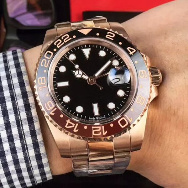 

new rose gold gmt2 listed v3 version batman mens watch automatic movement ceramic rotating bezel sapphire glass steel strap wristwatch, Slivery;brown