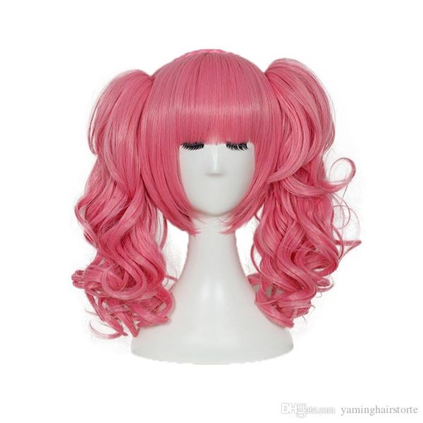 Parrucca cosplay anime corta Parrucche sintetiche di colore rosa con due code di cavallo per parrucca resistente alla testa della festa in costume