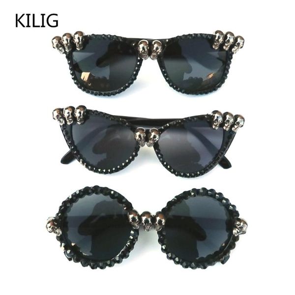 

black skull rhinestone halloween sunglasses gorgeous cat eye glasses women round gothic shades party festival hip hop style, White;black
