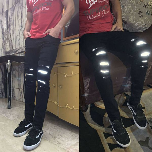 

new fashion men skinny stretch slim fit ripped reflective party denim jeans pants black destroyed frayed trousers, Blue