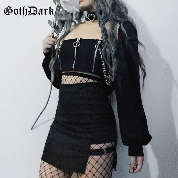 

goth dark black gothic t-shirt women harajuku vintage halloween t-shirt zipper chain long sleeve punk crop autumn 2019 chic, White