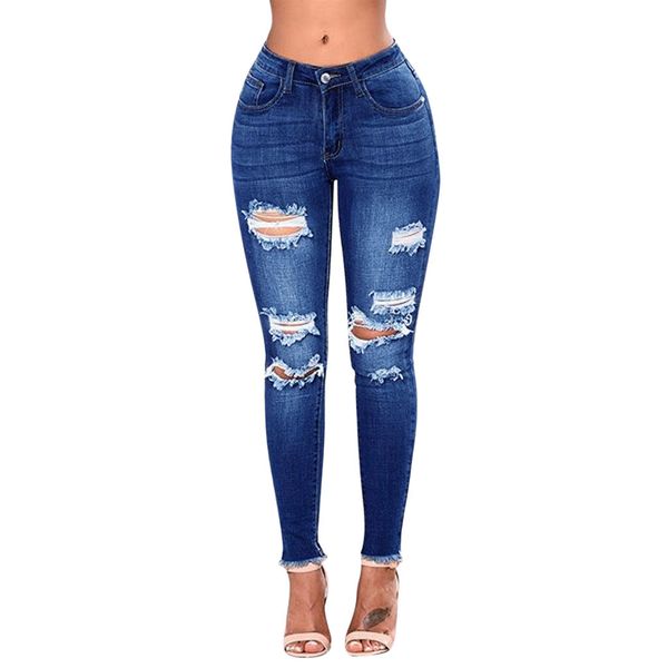 

new dark blue jeans large size button zipper stretch hole slim jeans female stretch slim pencil pants blue #zer