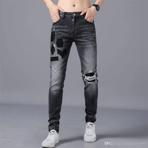 

mens pants new jeans distressed ripped biker jean men slim fit motorcycle biker denim jeans hip hop mens jeans, Blue