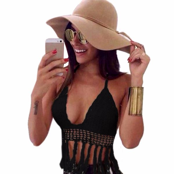 

2019 bikini vest new women lace bralet bra crochet tassel crop hollow out bustier cami tank solid color basic daily, White