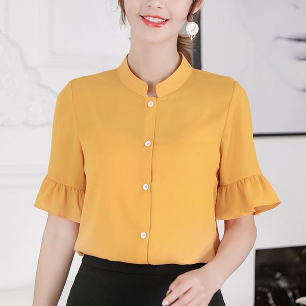 

women korean button chiffon blouse elegant ladies office shirt fashion summer ruffle short sleeve slim fit blusas mujer, White