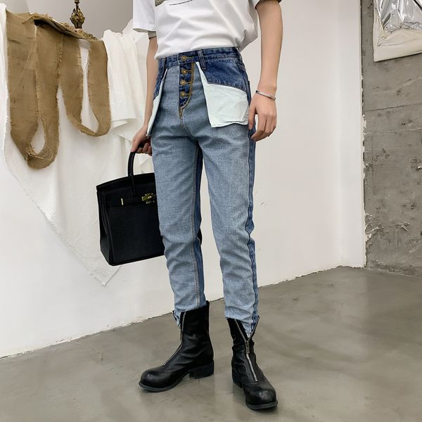 

2019 spring fashion streetwear reverse wear harem trousers jeans for men hip hop men retro high waist casual denim pants male, Blue