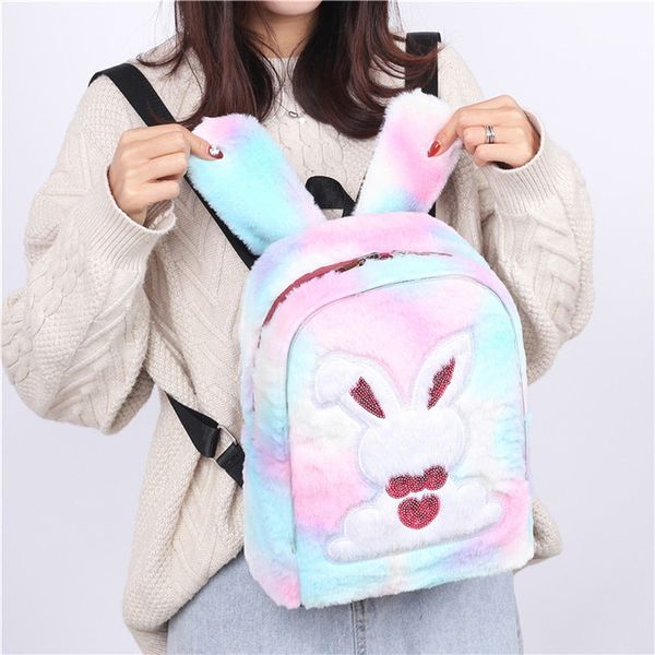 

рюкзак для женщин 2020 зимних светодиодного искусственного мех голограммы ранцы девочек-подростков плюшевого рюкзак mochila easter