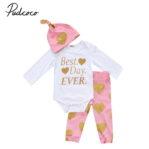 

3pcs day ever newborn baby girls clothes sets sequin romper bodysuit long pants clothes outfits set 2 years, Pink;blue