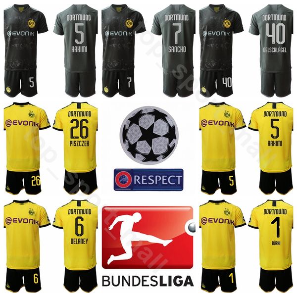 

borussia dortmund 2020 bvb soccer 7 jadon sancho jersey set men 13 raphael guerreiro 28 axel witsel 5 achraf hakimi football shirt kits, Black