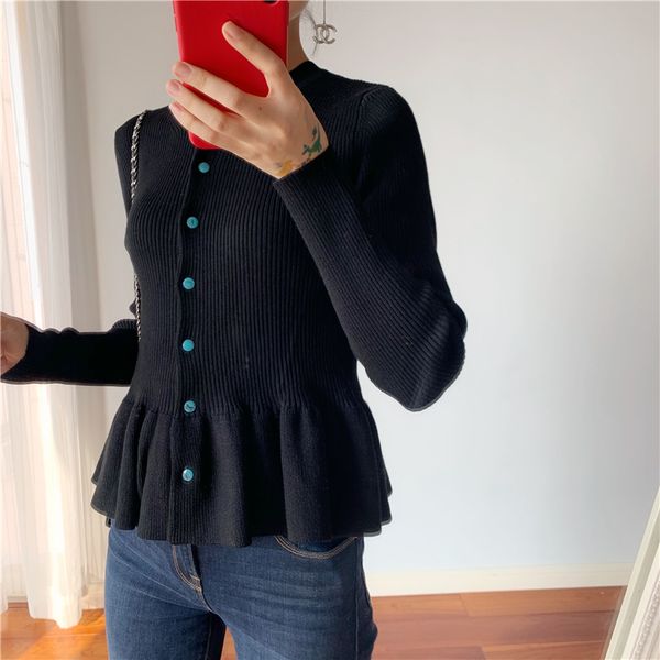 

2019 new women knitted sweater long sleeve ruffle hem cardigan coat, White