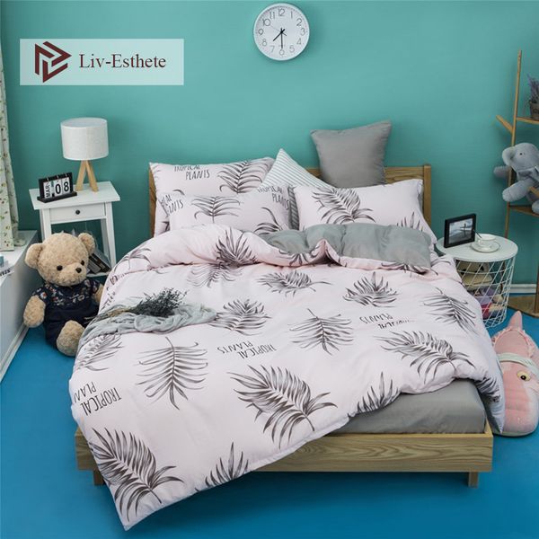 

liv-esthete leaf pink bedspread gray bed flat sheet pillowcase decor home bedding set duvet cover bed linens quilt cover