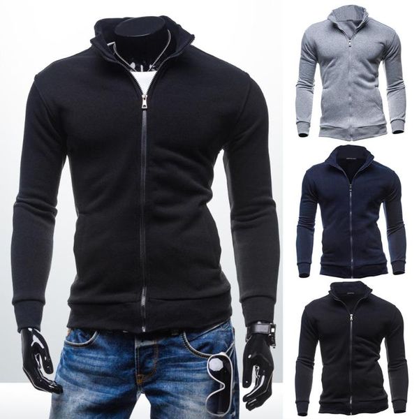 

men fleece autumn cardigan long-sleeves zipper slim pure color coat, Black;brown