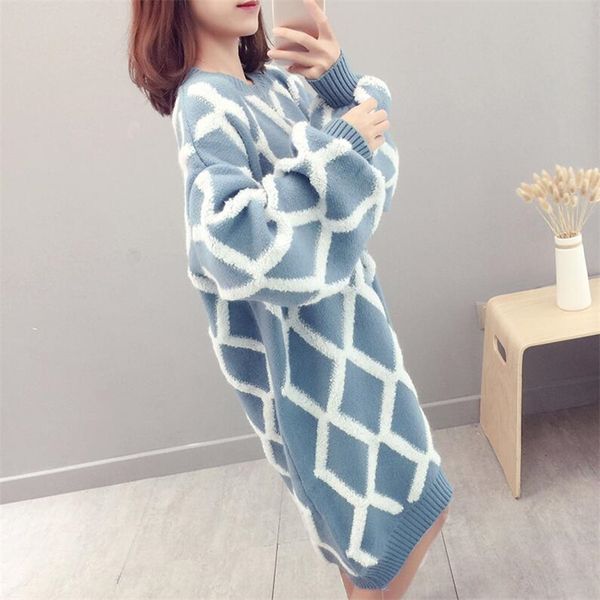 

autumn and winter 2019 long section over the knee sets female sweater skirt loose thick warm plaid knit dress, White;black