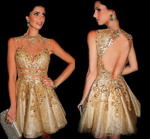 

Cheap Gold BlingBling Prom Dresses High Neck Lace Appliques Backless Sexy Illusion Bodice Homecoming Dresses Short Cocktail Party Dresses
