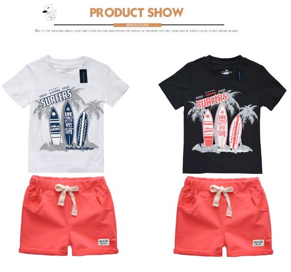 

boys children summer o-neck letter print short sleeve t-shirt pants sets beach kid baby cotton many colors are available cartoon sets, White