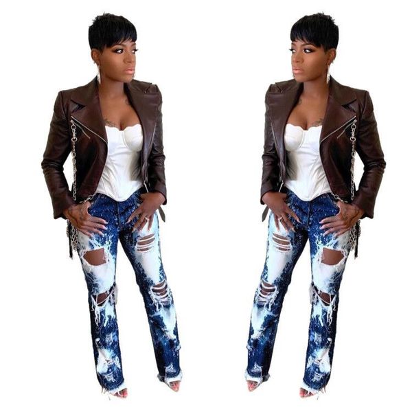 

fashion ladies denim pants womens destroyed ripped big hole long denim straight legs pants bottoms trousers jeans, Blue