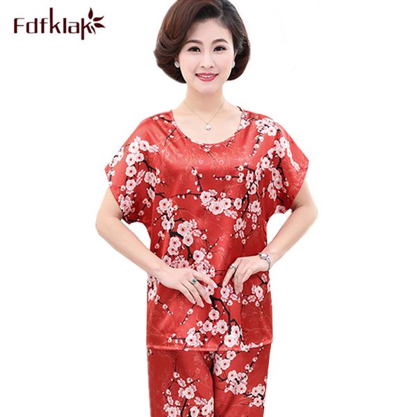 

fdfklak l-5xl plus size pyjamas women silk women's pajamas set short sleeve print ladies sleepwear sets homewear pijama mujer, Black;red