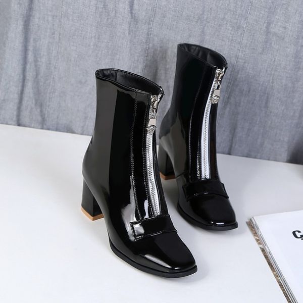 

big size 9 10 11-13 boots women shoes ankle boots for women ladies front zipper bright leather stitching, Black