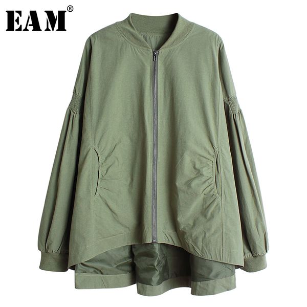 

eam] loose fit pleated big size army green jacket new stand collar long sleeve women coat fashion autumn winter 2019 19a-a40, Black;brown