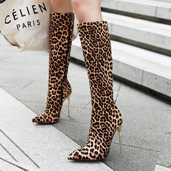 

aiweiyi leopard print boots for women high heels women boots snakeskin pointed toe zip shoes female new winter, Black