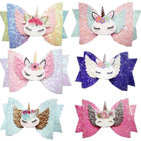 

20pcs 3.5'' cute unicorn hairpins kids princess shiny glitter hair clips hair accessories bows for girls, Slivery;white