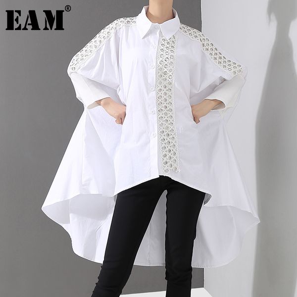 

eam] women white back long hollow out big size blouse new lapel long sleeve loose fit shirt fashion spring autumn 2020 jq150