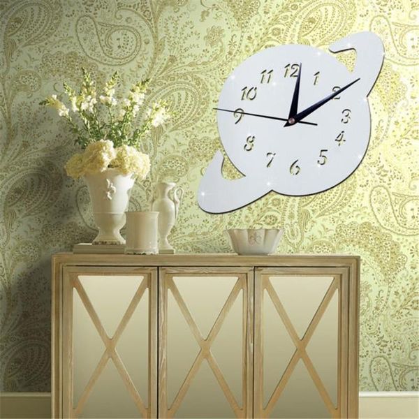 

unique shape wall clock planet mirror silver wall clock modern design home decor watch sticker wholesales selling r2