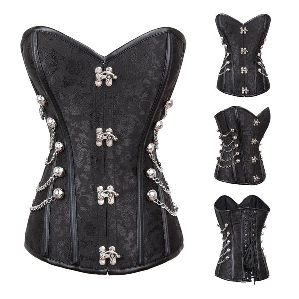 Schwarzes Korsett aus Brokatstahl ohne Knochen, sexy Gothic-Kleidung, Korsetts und Bustiers, Steampunk-Kleidung, Korsett für Frauen, Übergröße 6XL