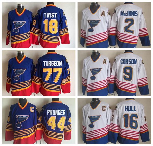 

st. louis blues vintage jerseys 99 gretzky 16 hull 9 corson 2 macinnis 44 pronger 18 twist 77 turgeon mens ccm hockey jerseys, Black;red