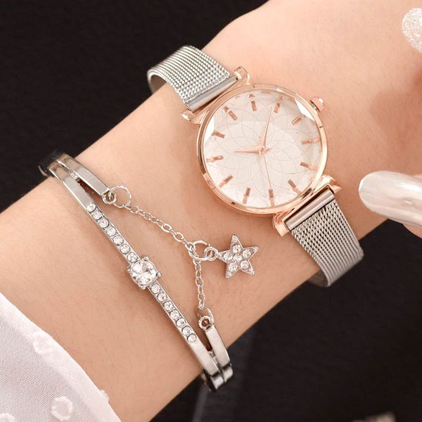 

2pcs women watches silver fashion bracelet watch ladies quartz clock with bracelet set dress wristwatch montre femme reloj mujer, Slivery;brown
