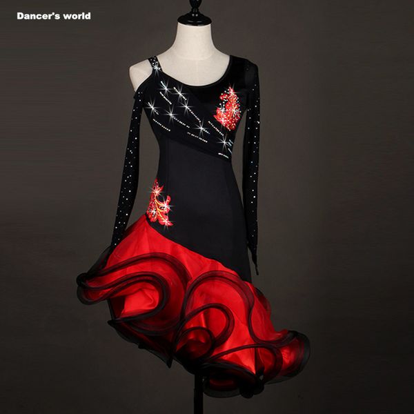 

dress latin dance clothes for women latin dance flowers long sleeves dress girls cha-cha, Black;red